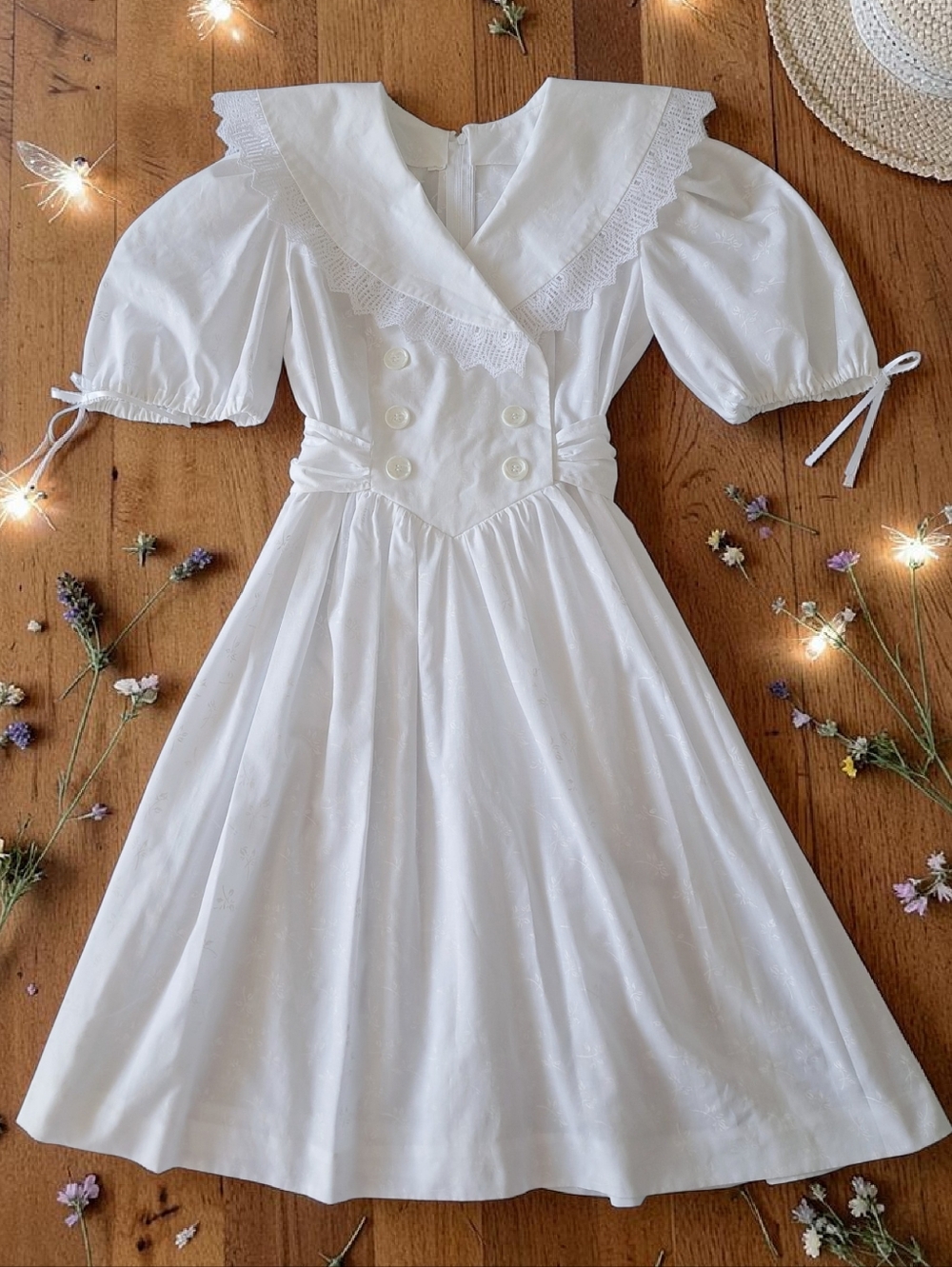 White Cottagecore Puff-Sleeve Midi Dress with Lace Collar And Bows